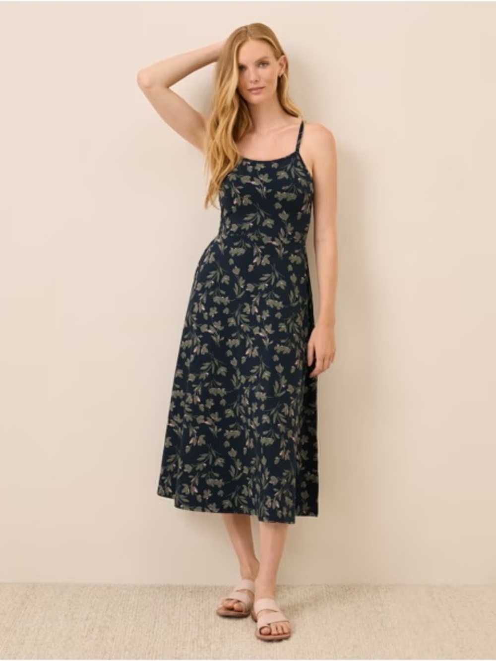 Pact Fit & Flare Midi Dress in painted petals midnight blue